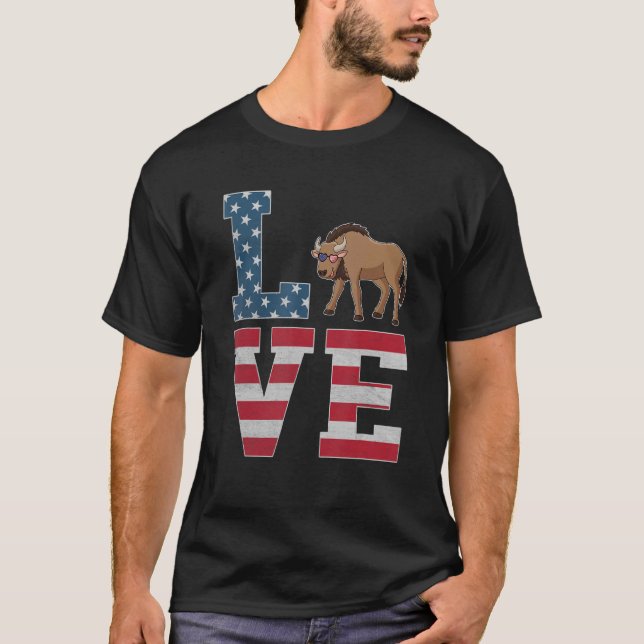 4. Juli Dekor Patriotische Liebe Wildebeest Amerik T-Shirt (Vorderseite)