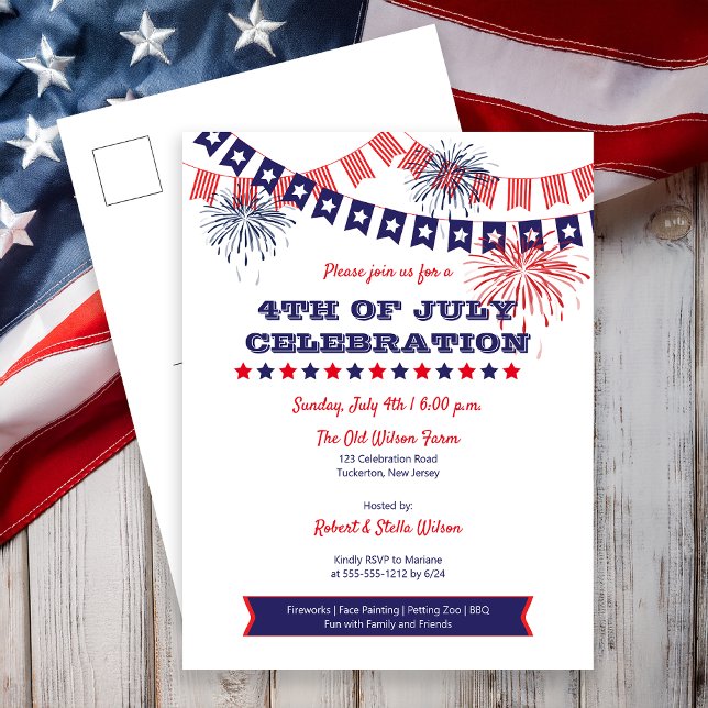 4. Juli Feierlichkeiten Feuerwerk | Jagdeinladung Postkarte (4th of July Celebration Fireworks Bunting Postcard Invite)
