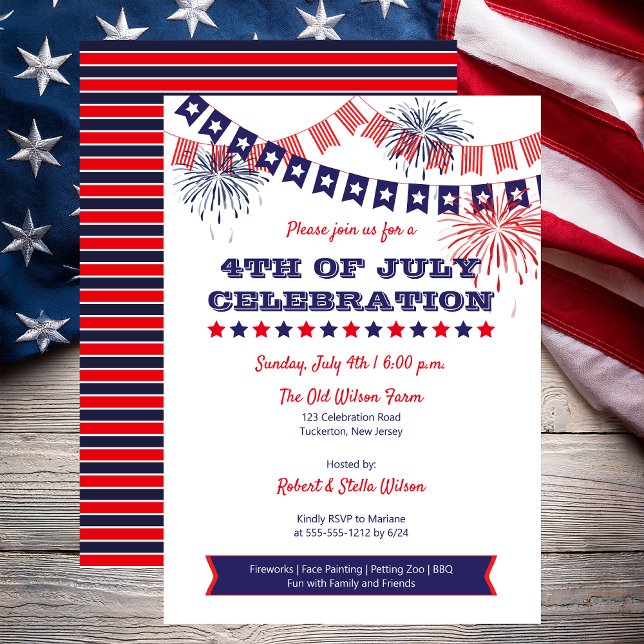 4. Juli Feierlichkeiten Feuerwerk | Jagdhaus Einladung (4th of July Celebration Fireworks and Bunting Flags Independence Day Invitation - Print | Digital)