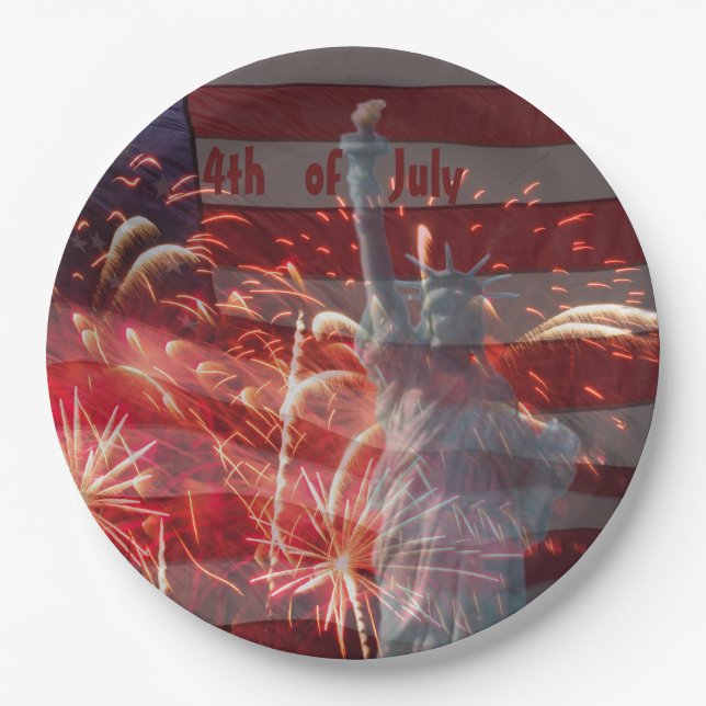 4. Juli Feuerwerk und Freiheitsstatue Pappteller (Vorderseite)