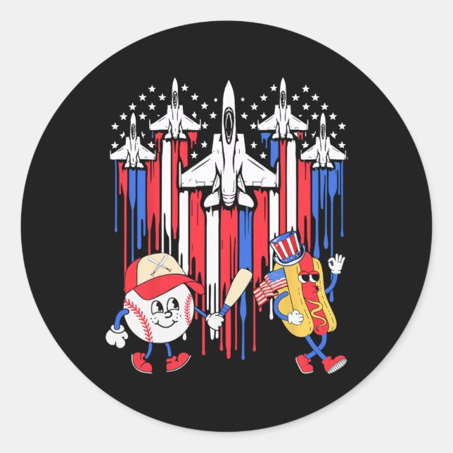 4. Juli Fighter Jet Flugzeug US Flagge Baseball Runder Aufkleber (Vorderseite)