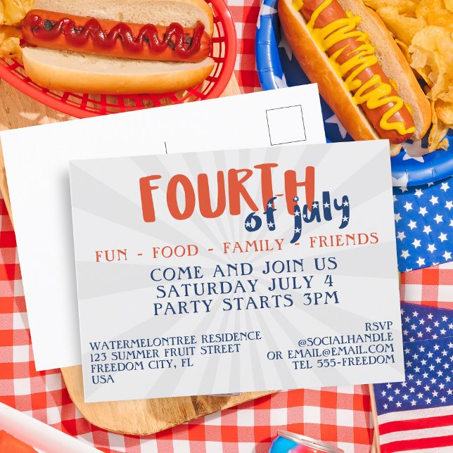 4. Juli Fireworks Party Einladung Postkarte (Fun, Food, Family & Friends. All the ingredients for a fabulous Fourth. Just add your party details)