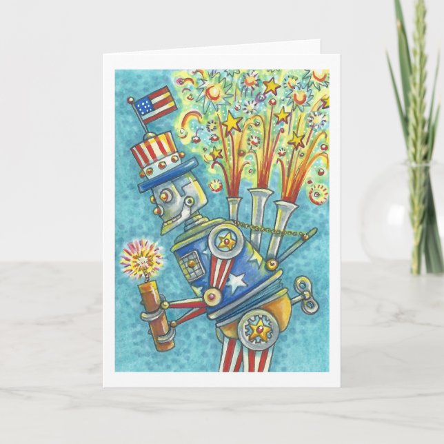 4. JULI FIREWORKS ROBOT GREETING CARD Blank Karte (Vorderseite)