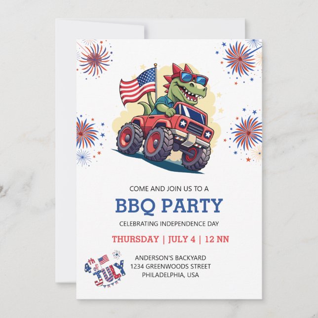 4. Juli Fireworks T-Rex America Flag GRILLEN Party Einladung (Vorderseite)