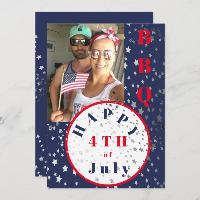 4. Juli Foto Red White Blue Stars GRILLEN Einladung (Vorne/Hinten)