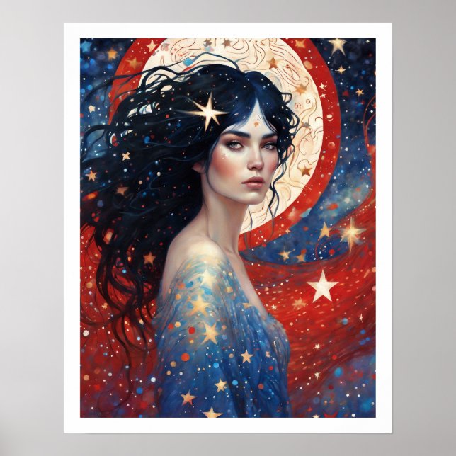 4. Juli Frau in Rotem Feuerwerk Art Deco Poster (Vorne)