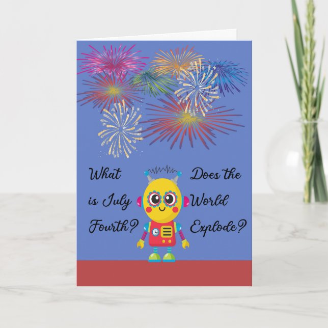 4. Juli für Kinder mit Robot & Fireworks Karte (Vorderseite)