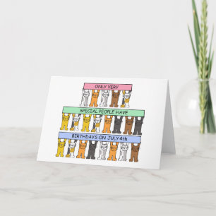4. Juli Geburtstag Cartoon Katzen Holding Banner. Karte