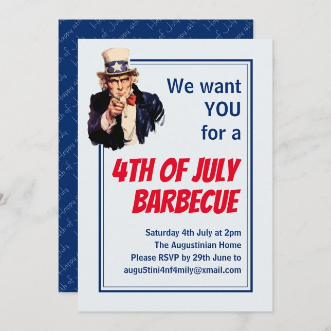 4. JULI GRILLEN BARBECUE Uncle Sam Customized Einladung (Vorne/Hinten)