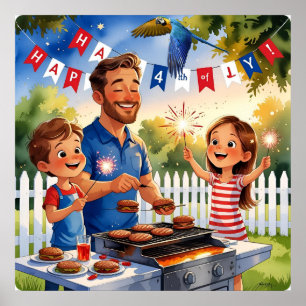 4. Juli GRILLEN" Cartoon Familie & Sparklers Poster