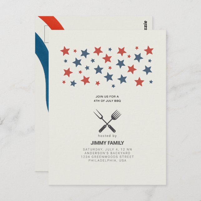 4. Juli GRILLEN Party Einladung Postkarte (Vorne/Hinten)