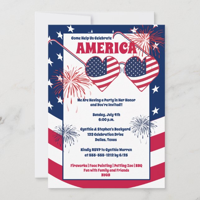 4. Juli Heart Sonnenbrille Amerika Party Einladung (Vorderseite)