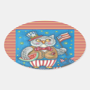 4. JULI-HOOT OWL, BIRD-STICKER Oval *Blatt Ovaler Aufkleber