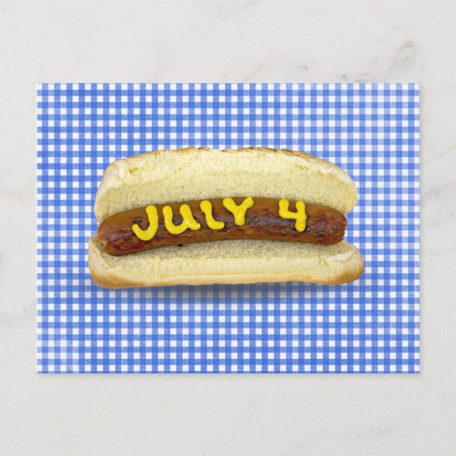 4. Juli Hot Dog auf Gingham Postcard Postkarte (Vorderseite)