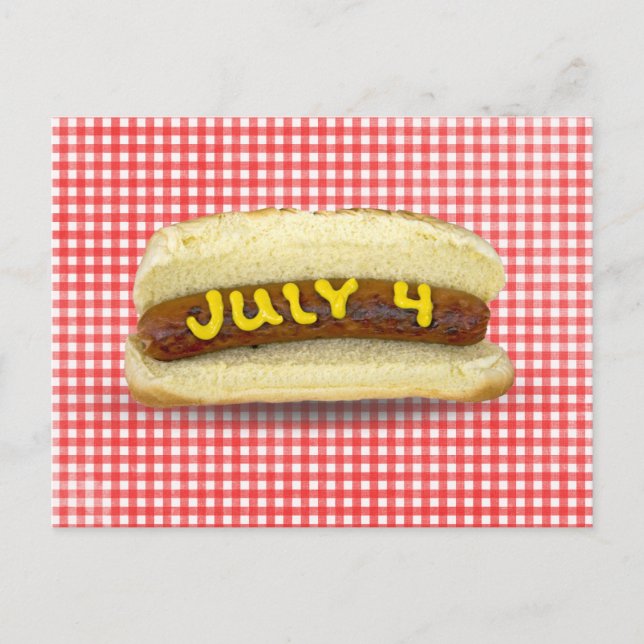 4. Juli Hot Dog auf Gingham Postkarte (Vorderseite)