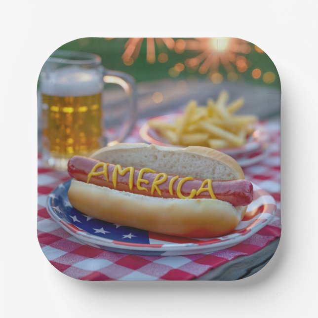 4. Juli Hot Dog mit Bier und Pommes Pappteller (Vorderseite)