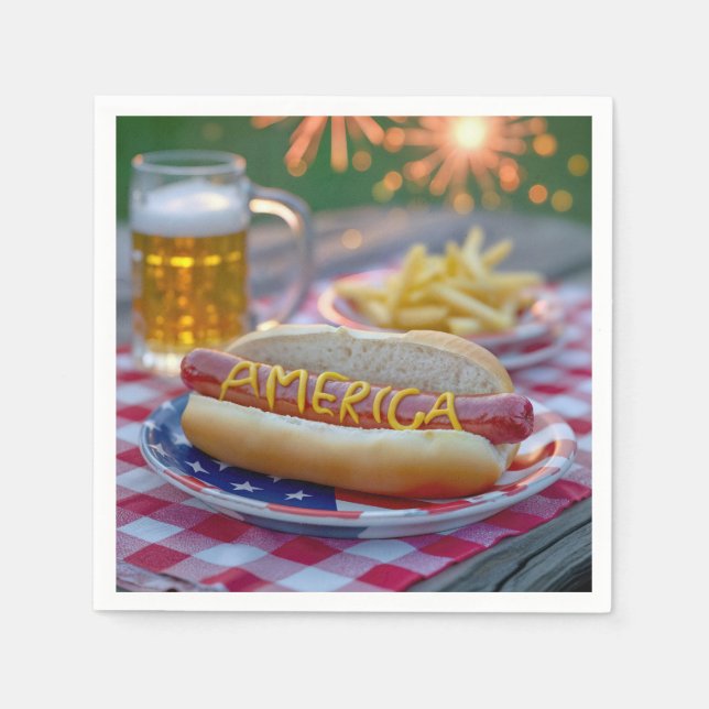 4. Juli Hot Dog mit Bier und Pommes Serviette (Vorderseite)