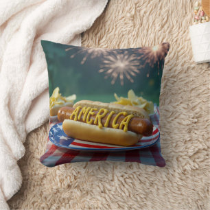 4. Juli Hot Dog und Feuerwerk Kissen
