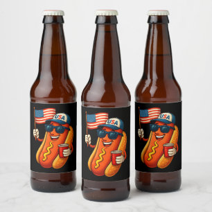 4. Juli Hotdog Funny Patriotic USA Flag Bierflaschenetikett