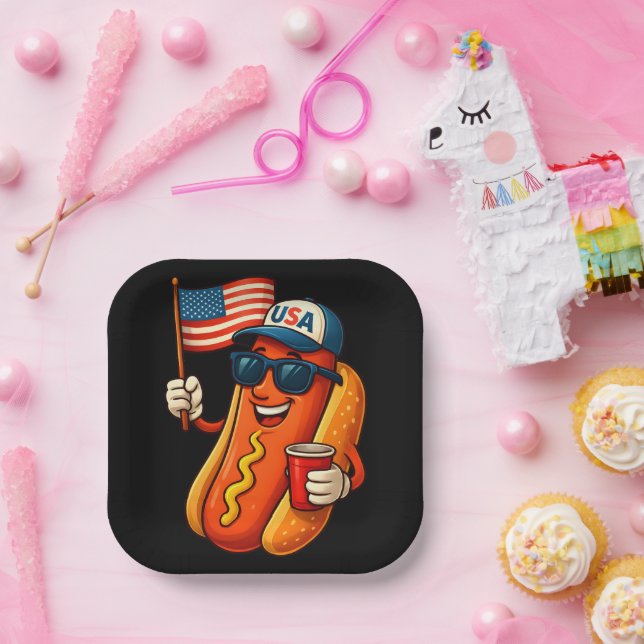 4. Juli Hotdog Funny Patriotic USA Flag Pappteller (Party)