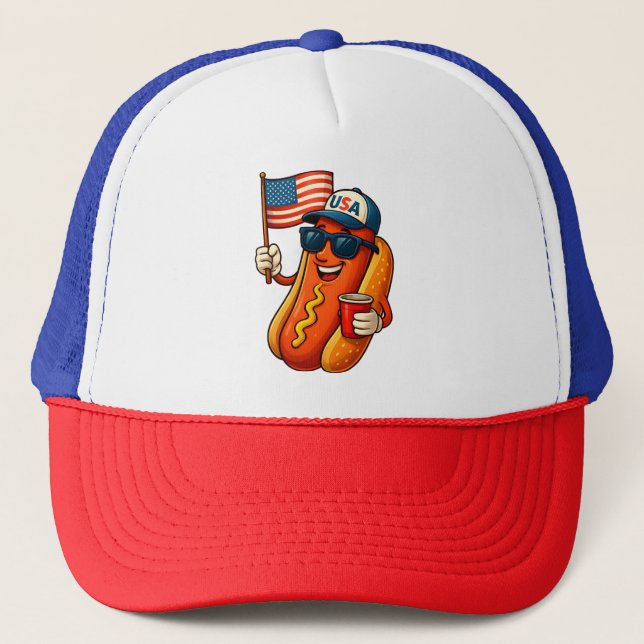 4. Juli Hotdog Funny Patriotic USA Flag Truckerkappe (Vorderseite)