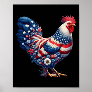 4. Juli Hühnchen Patriotische USA-Flagge Floral Ch Poster