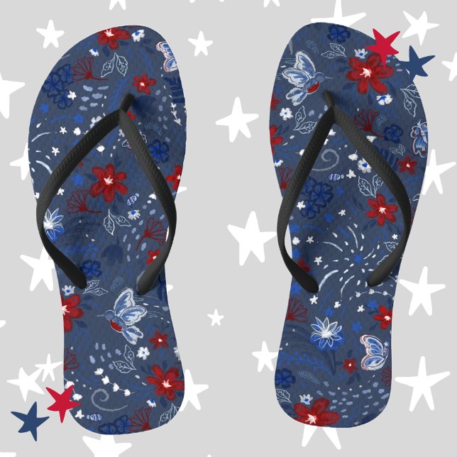 4. Juli, Independence Patriotic Red White Blue Flip Flops (4th of July, Independence Day, Red White and Blue, Floral, Flowers, Hummingbirds, Butterflies, Bees)