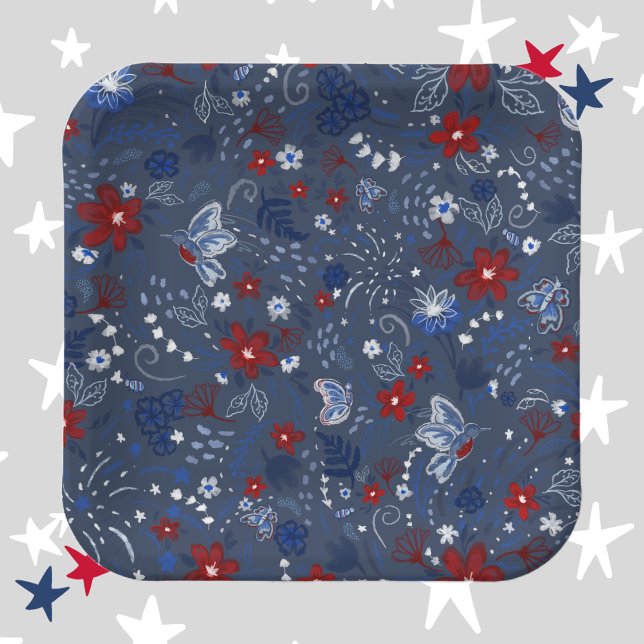 4. Juli, Independence Patriotic Red White Blue Pappteller (4th of July, Independence Day, Red White and Blue, Floral, Flowers, Hummingbirds, Butterflies, Bees)