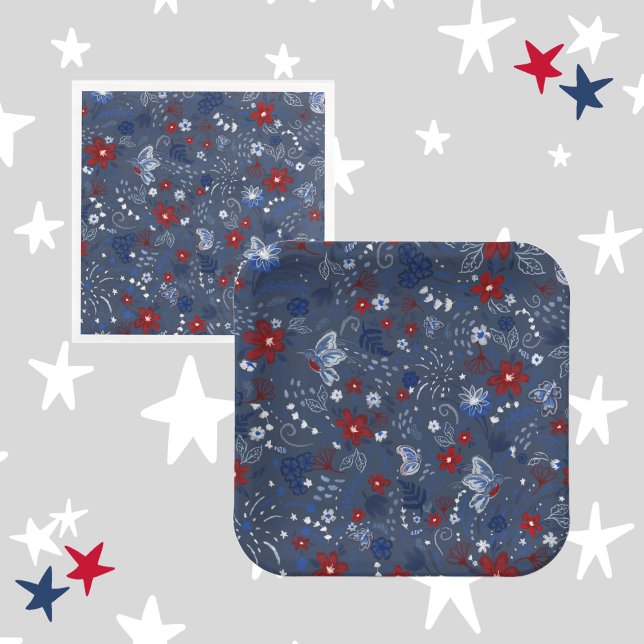 4. Juli, Independence Patriotic Red White Blue Serviette (4th of July, Independence Day, Patriotic, Red White and Blue, Floral, Flowers, Hummingbirds)