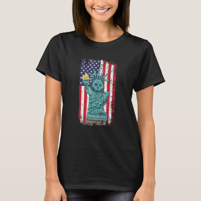 4. Juli Kat Statue der Freiheit Amerikanische Flag T-Shirt (Vorderseite)