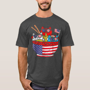 4. Juli Katzen essen Ramen Anime American Flag USA T-Shirt