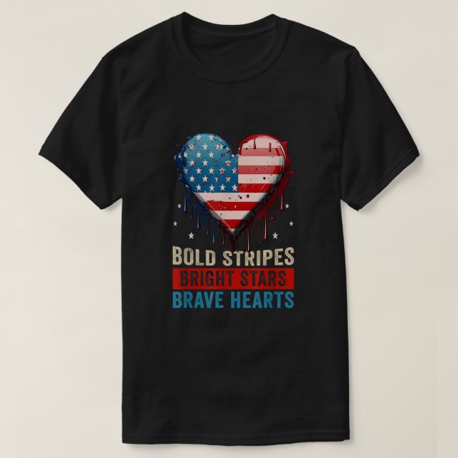 4. Juli kühne Streifen Bright Stars Brave Hearts T-Shirt (Design vorne)