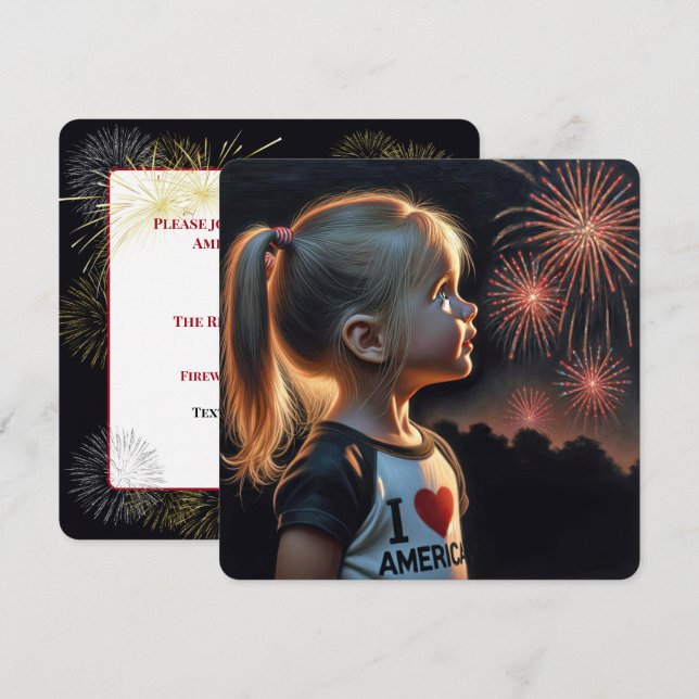 4. Juli Mädchen beim Party Feuerwerk beobachten Einladung (Vorne/Hinten)