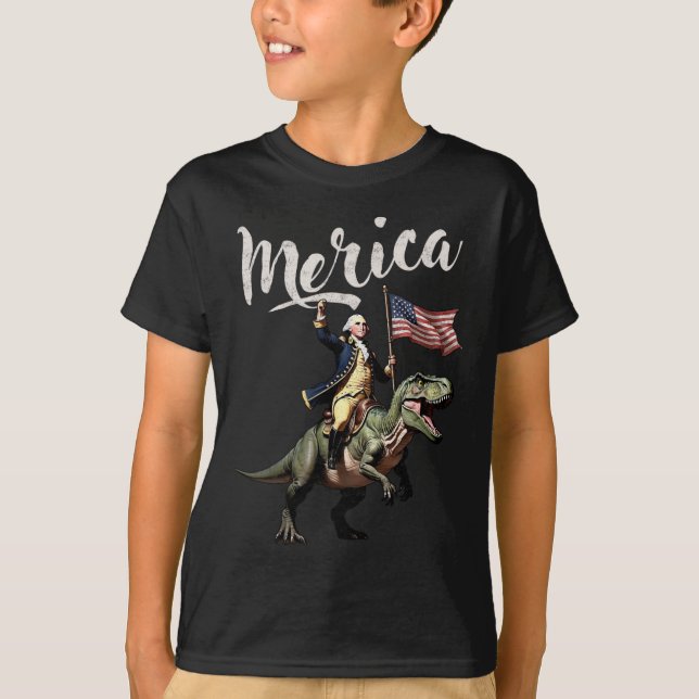 4. Juli Merica George Washington Riding A Dino T-Shirt (Vorderseite)