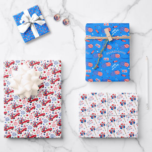 4. Juli-Motive Rot Weiß Blau 3 Spielmuster Geschenkpapier Set