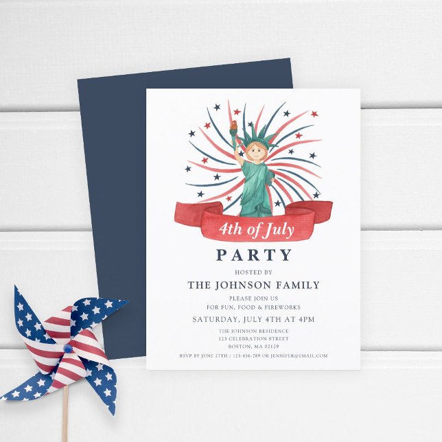 4. Juli Party Niedliche Patriotische Freiheitsstat Einladungspostkarte (4th Of July Party Cute Patriotic Statue Of Liberty Invitation Postcard)