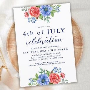 4. Juli Party Patriotische Blütenrot Blau Einladung