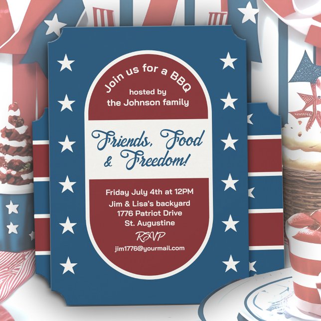 4. Juli Patriotic Freedom Backyard GRILLEN Party Einladung (Bold new 4th of July BBQ party invitations in classic, patriotic red, white and blue.)