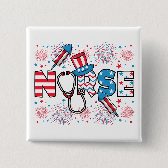 4. Juli Patriotic Nurse Square Button (Vorderseite)