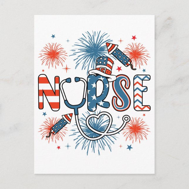 4. Juli Patriotic Nurse Square Postkarte (Vorderseite)