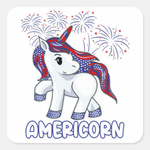 4. Juli Patriotic Unicoron American Colors Quadratischer Aufkleber