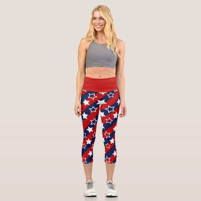 4. Juli Patriotic White Stars Blue Red Strips Capri Leggings (Vorderseite)