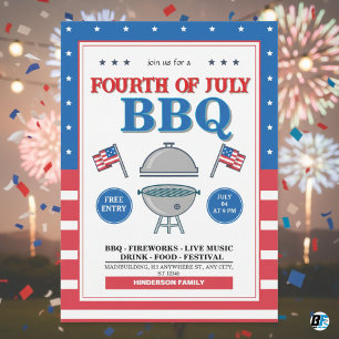4. Juli, Patriotische Feuerwerk-BBQ-Party Einladung