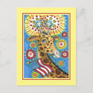4. JULI PATRIOTISCHE GIRAFFE & FEUERWERK Cute Lust Feiertagspostkarte