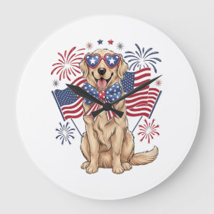 4. Juli Patriotischer Hund Golden Große Wanduhr