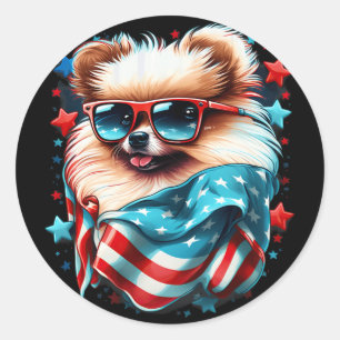 4. Juli Patriotischer Pomeranian Hund US-Flagge Runder Aufkleber