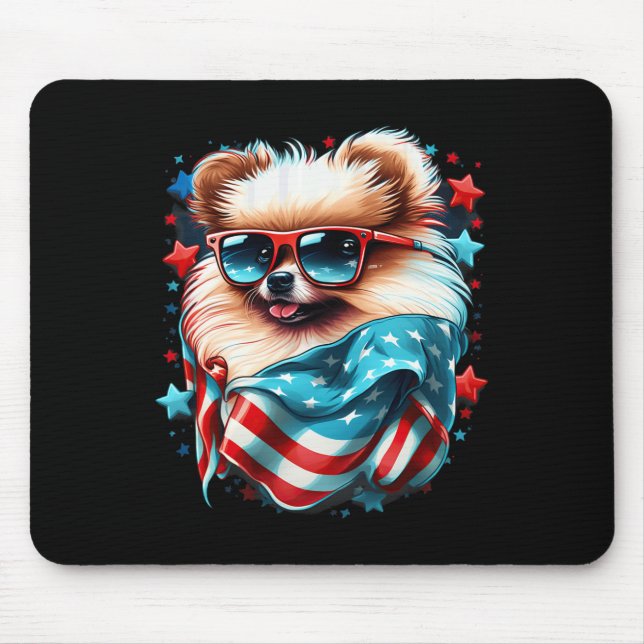 4. Juli Patriotischer Spitz Hunde Flagge Mousepad (Vorne)