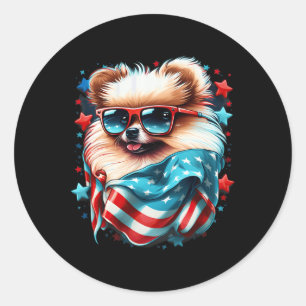 4. Juli Patriotischer Spitz Hunde Flagge Runder Aufkleber