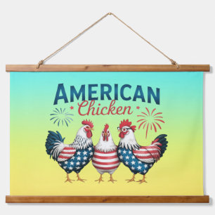 4. Juli Patriotisches Amerikanisches Hühnerdesign Wandteppich Mit Holzrahmen