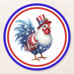 4. Juli Patriotisches Huhn mit USA-Flagge Runder Pappuntersetzer